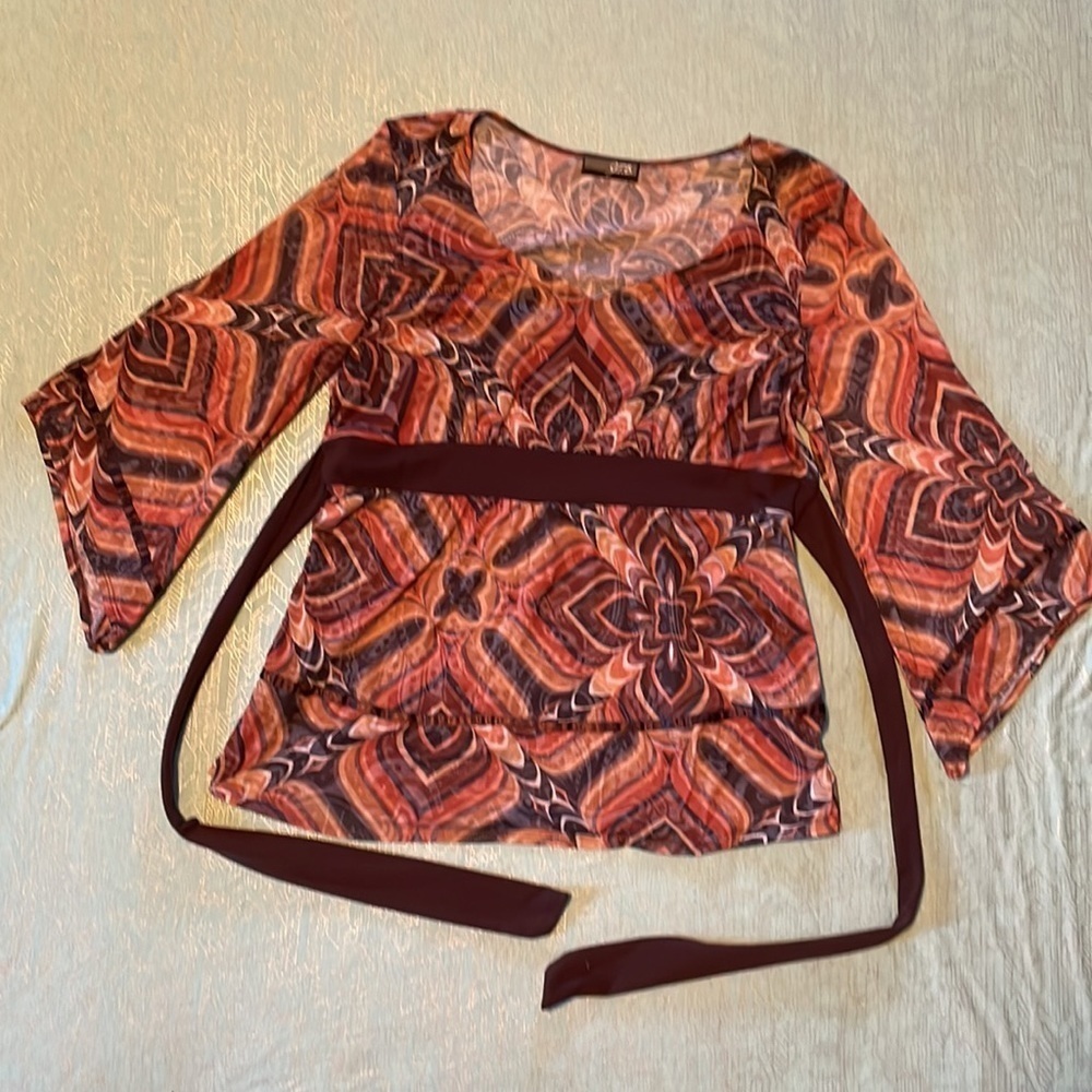 J.T.B. Earth tones tunic top with tie back attached sash.3/4 angular bell sleeve